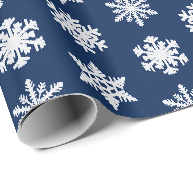 Ikat-Schneeflocken - Weißer und dunkler Navy Blau Geschenkpapier (Rolleneckpunkt)
