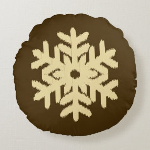 Ikat Snowflake - Beige und Schokolade Brown Rundes Kissen