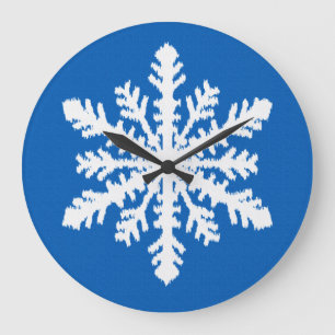 Ikat Snowflake - Kobalt blau und weiß Große Wanduhr