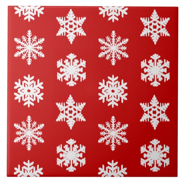 Ikat Snowflakes - Dunkelrot und weiß Fliese (Vorderseite)