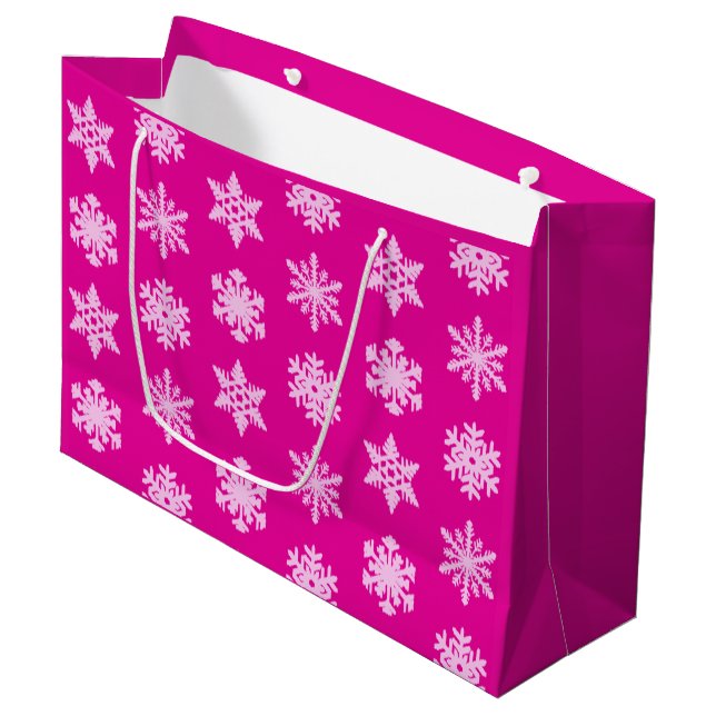 Ikat Snowflakes - Fuchsia und Eispink Große Geschenktüte (Vorderseite Schrägansicht)
