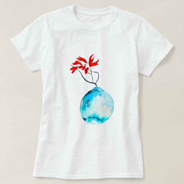 Ikebana Blue Vase Aquarellkunst T-Shirt (Design vorne)