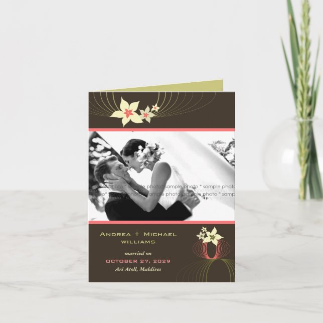 Ikebana Frangipani-Rosa-tropische Blumen-Hochzeit Ankündigung (Vorderseite)