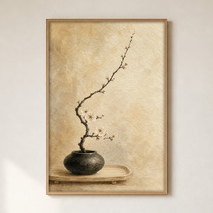 Ikebana-Zweig in einem dunklen Vasen-Wasserfarbenp Poster