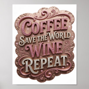 Ikonisches Rosa COFFEE SAVE THE WORLD WINE REPEAT Poster