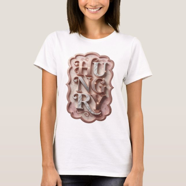 Ikonisches Silber HUNGRY Grafikdesign T-Shirt (Vorderseite)
