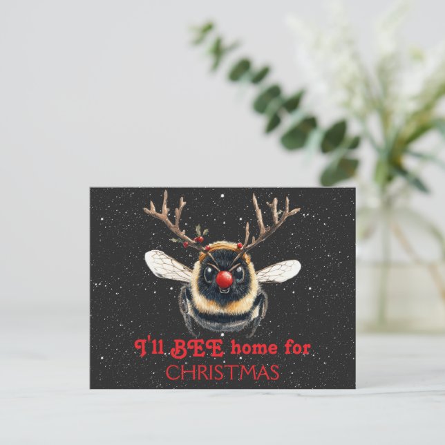 I'll BEE Home for Christmas Reindeer Bee Postkarte (Stehend Vorderseite)