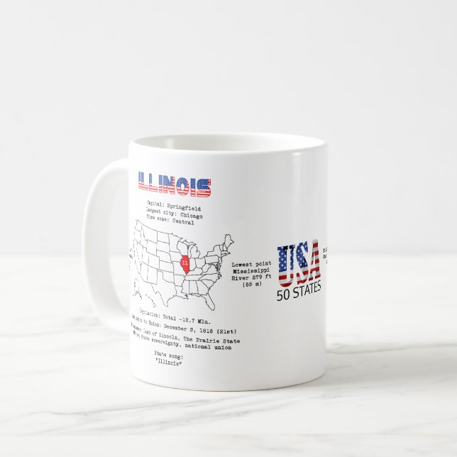 Illinois American Staat auf einer Karte und nützli Kaffeetasse (Vorderseite Links)