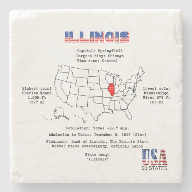 Illinois American Staat auf einer Karte und nützli Steinuntersetzer (Vorderseite)