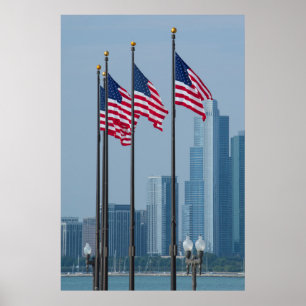 Illinois, Chicago Marinepier, US-Flaggen Poster