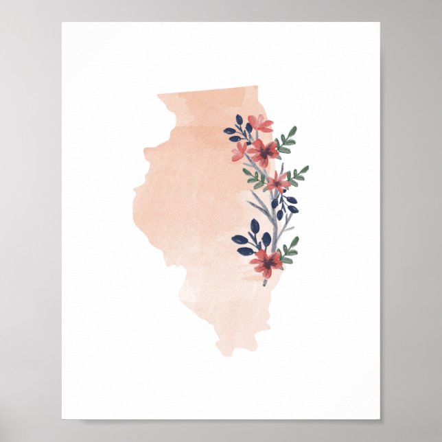 Illinois Floral Watercolor Staat Poster (Vorne)