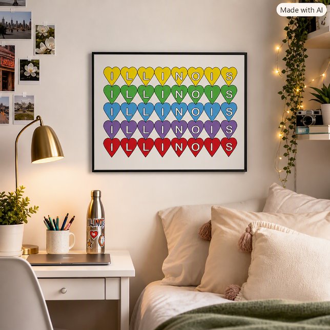 Illinois-Herzmuster Farbgestaltung des Staates mit Poster (A poster that says Illinois in a colorful rainbow heart pattern.)