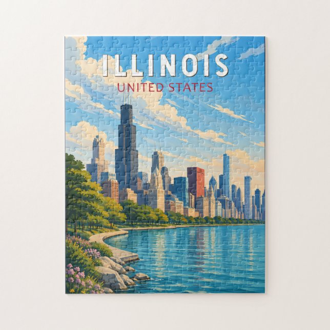 Illinois Illustration Reise Kunst Vintage Puzzle (Vertikal)