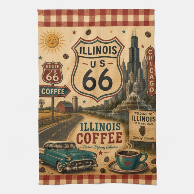 Illinois Route 66 Coffee Diner Roadside Charme Geschirrtuch (Vertikal)