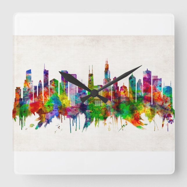 Illinois Skyline Quadratische Wanduhr (Vorderseite)