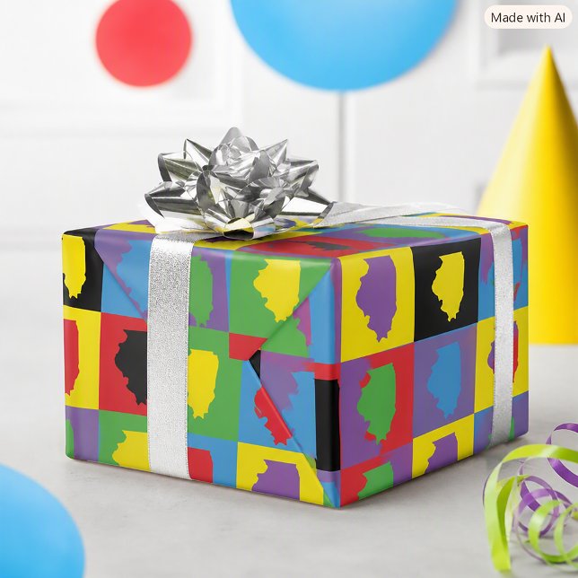 Illinois State Pride Pop Art Muster Geschenkpapier (Wrapping paper featuring a rainbow pop art pattern of the US state of Illinois.)