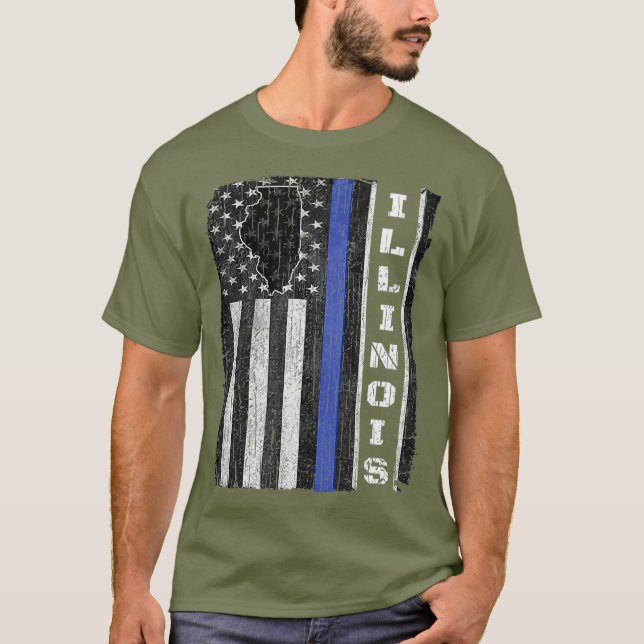 Illinois Thin Blue Line Police Week USA Flag Poliz T-Shirt (Vorderseite)