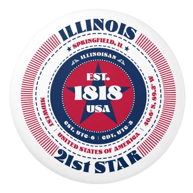 Illinois US Staat Red White Blue Typografy Keramikknauf (Vorderseite)