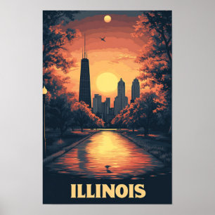 Illinois USA Art Vintag Illustration Travel Poster