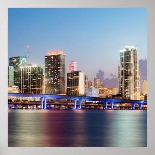 Illuminated skyline of downtown Miami at dusk Poster