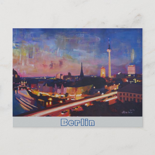 Illuminierte Berliner Skyline in Dusk Postkarte (Vorderseite)