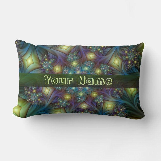 Illuminierte moderne blaue lila Fraktal Kunstname Lendenkissen (Vorderseite)