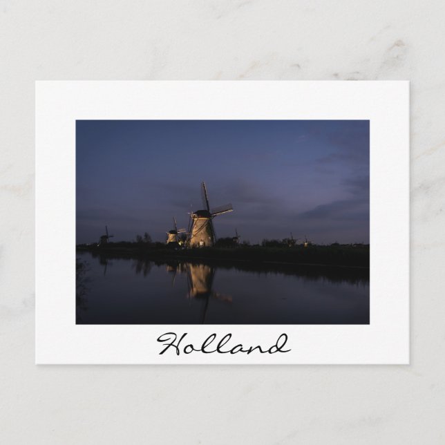 Illuminierte Windmühle auf der weißen Blue Hour-Po Postkarte (Vorderseite)