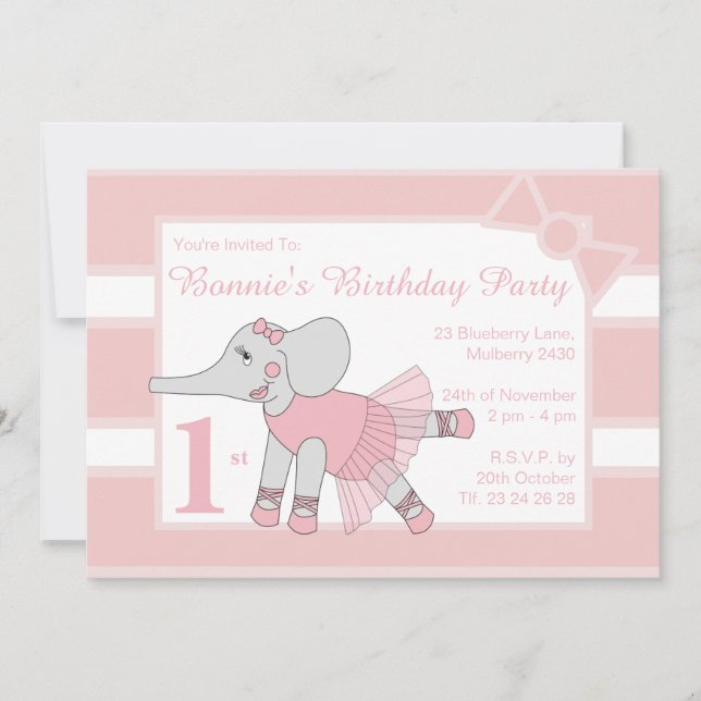 illusima Ballerina Elephant Baby Pink Geburtstag Einladung (Vorderseite)