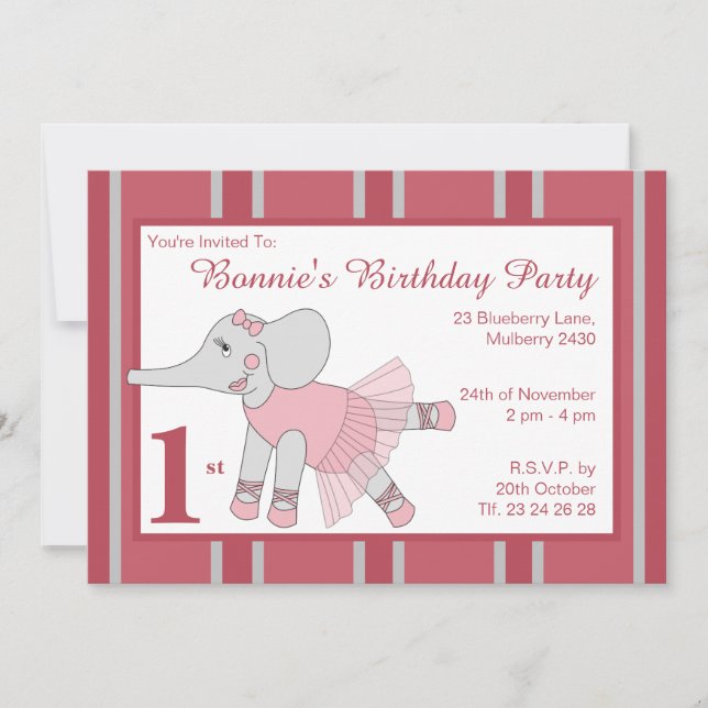 illusima Ballerina Elephant Girls Maroon Birthday Einladung (Vorderseite)