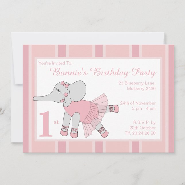 illusima Ballerina Elephant Light Pink Birthday Einladung (Vorderseite)