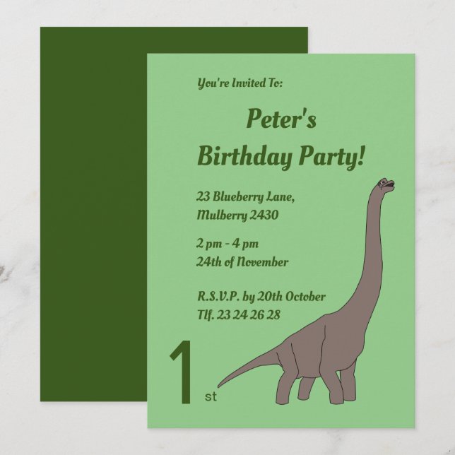 illusima Brown Long Necked Dinosaur Boys Birthday Einladung (Vorne/Hinten)