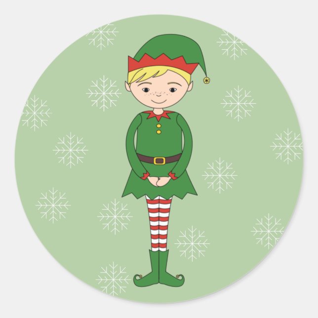 illusima Christmas Boy Elf Snowflakes Green Runder Aufkleber (Vorderseite)