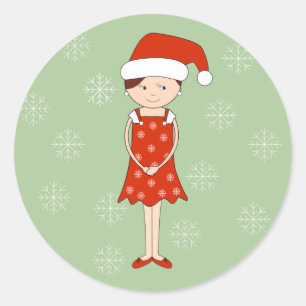 illusima Christmas Hat Girl Snowflakes Green Runder Aufkleber