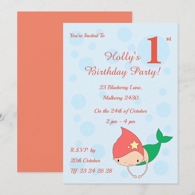 illusima Cotton Candy Mermaid Girls 1. Geburtstag Einladung (Vorne/Hinten)