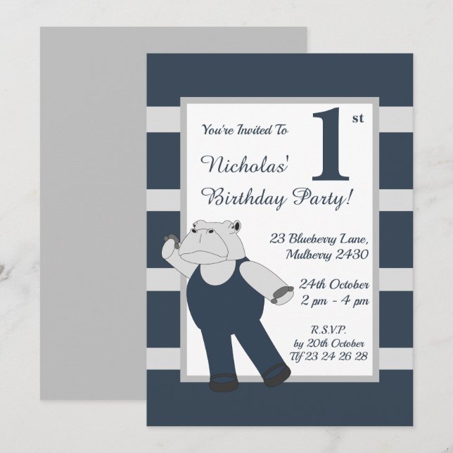 Illusima Drama Hippo Boys Blue Birthday Party Einladung (Vorne/Hinten)