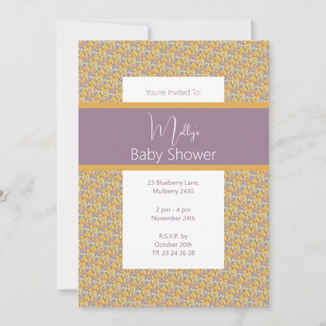 illusima Golden Lila Floral Baby Dusche Einladung (Vorderseite)