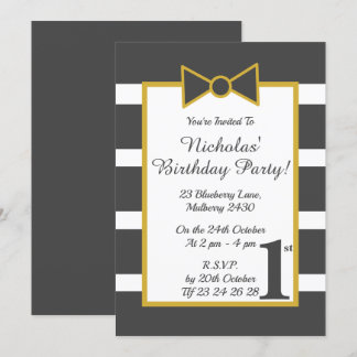 illusima Gray Gold Stripy Boys Bow Birthday Party Einladung