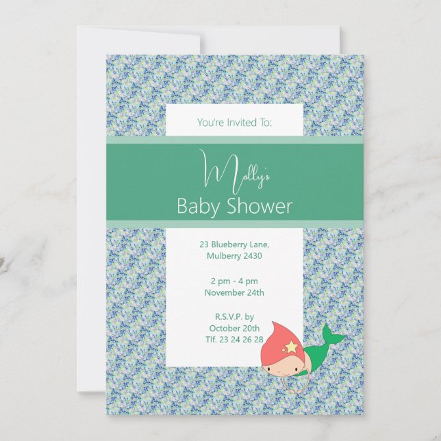 Illusima Green Coral Mermaid Baby Dusche Einladung (Vorderseite)