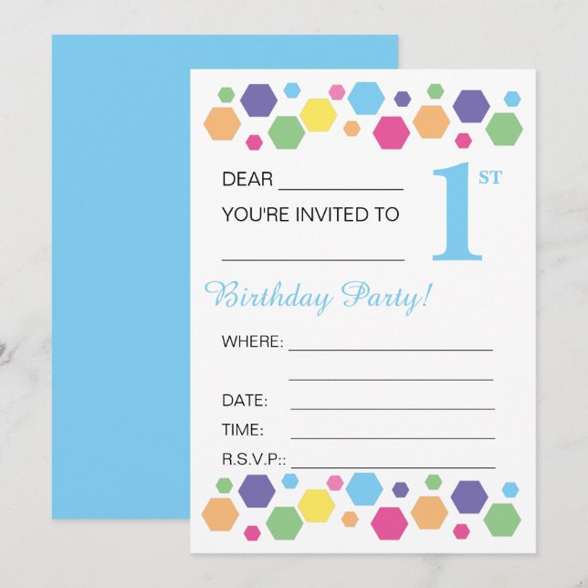illusima Hexigons, blau, Party 1. Geburtstag Einladung (Vorne/Hinten)