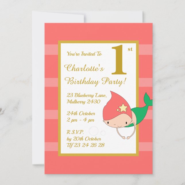 illusima Mermaid Gold Girls Geburtstagsparty Einladung (Vorderseite)