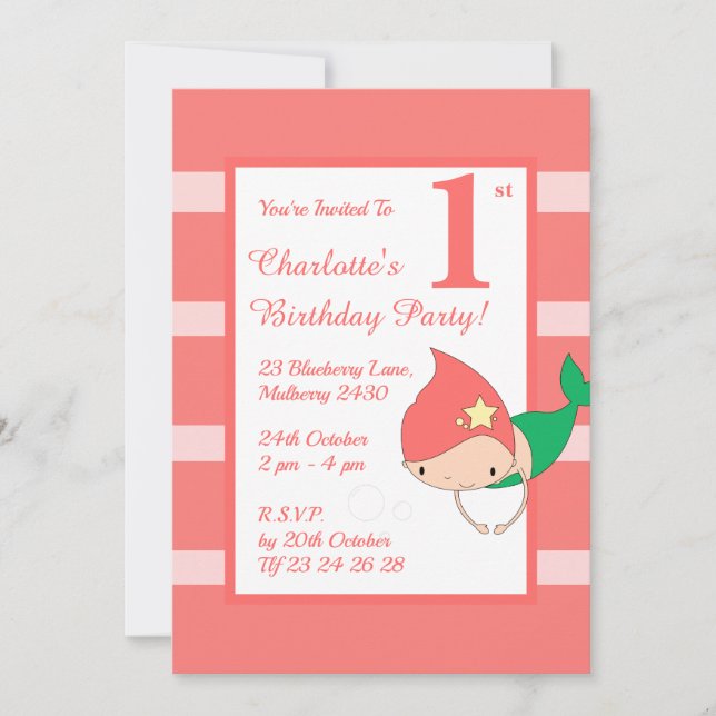 illusima Mermaid Peach Girls Geburtstagsparty Einladung (Vorderseite)