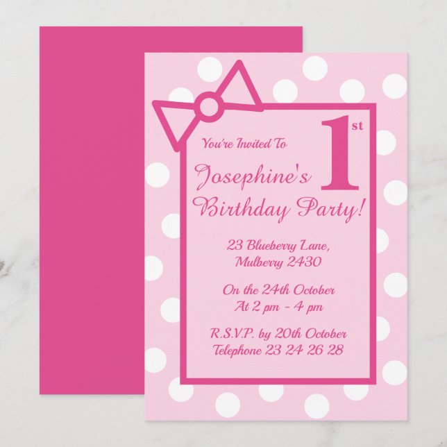 Illusima Pink Bow & Spots Geburtstagsparty Einladung (Vorne/Hinten)