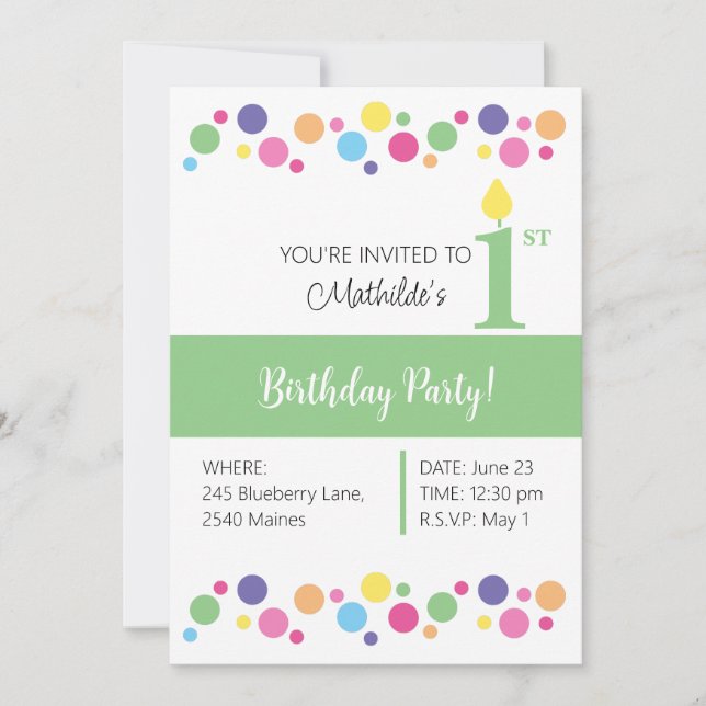 Illusima Rainbow Circles, Green 1. Geburtstag Einladung (Vorderseite)