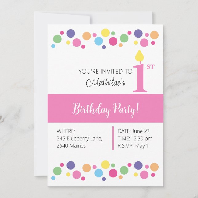 Illusima Rainbow Circles, Pink Back, 1. Geburtstag Einladung (Vorderseite)