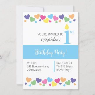 illusima Rainbow Liebe Hearts, Blue 1. Geburtstag Einladung