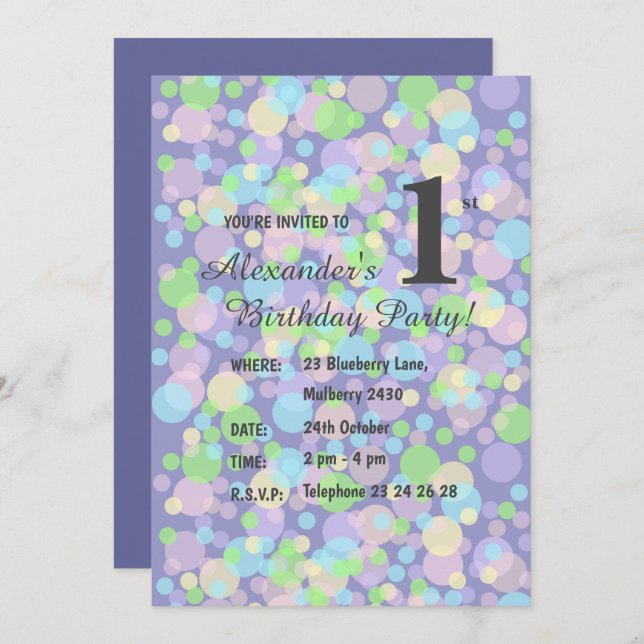 illusima Rainbow Pastel Dots Boys Lila Geburtstag Einladung (Vorne/Hinten)