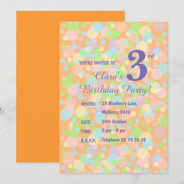 illusima Rainbow Pastel Dots Girls Orange Birthday Einladung (Vorne/Hinten)