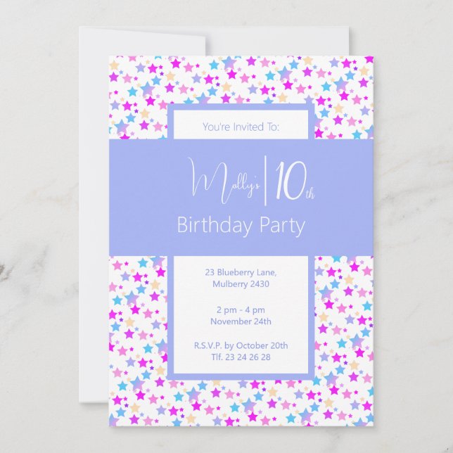illusima Rainbow Stars Blue Girls 10. Geburtstag Einladung (Vorderseite)