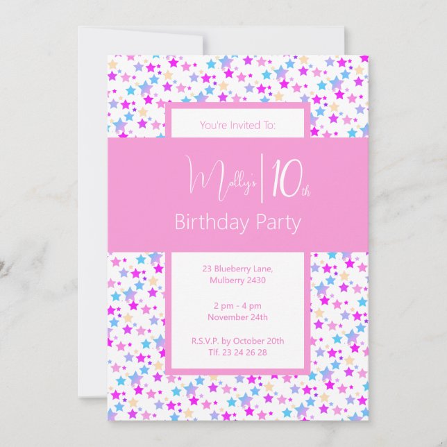 illusima Rainbow Stars Pink Girls 10. Geburtstag Einladung (Vorderseite)