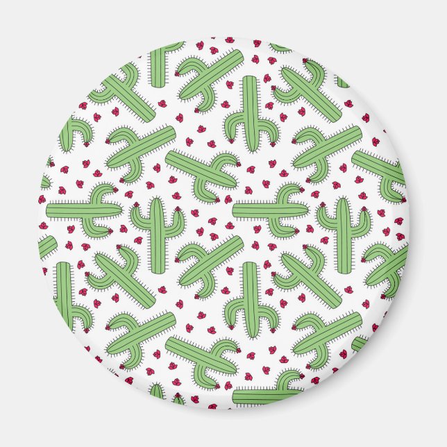 Illustrated Cactus & Pink Flowers Pattern Magnet (Vorne)